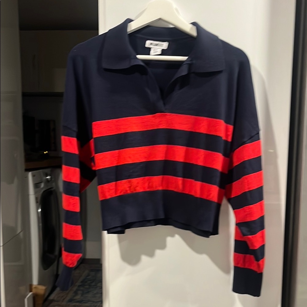 Bold Blue and Red V-Neck Sweater with Stripes
